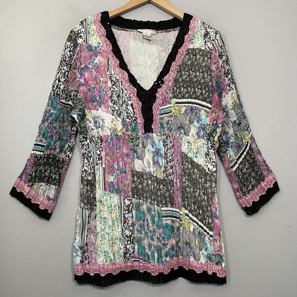 Alberto Makali Top Size Large Floral Patchwork Lace Sequin Crinkle Babydoll Boho